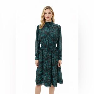 Tahari ASL Levine Teal & Black Sheer Floral Midi Dress High Neck Fit & Flare
